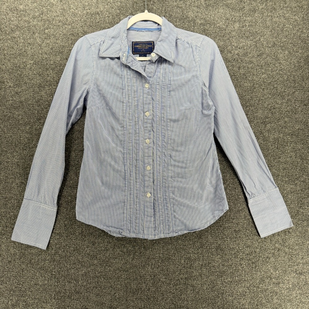 American Eagle Shirt Womens 6 Blue Striped Button Up Pleated Old Money Academia